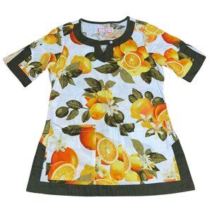 Koi by Kathy Peterson Scrub Top XS Lemons Floral Fruit Orange Vibrant Nurse Vet